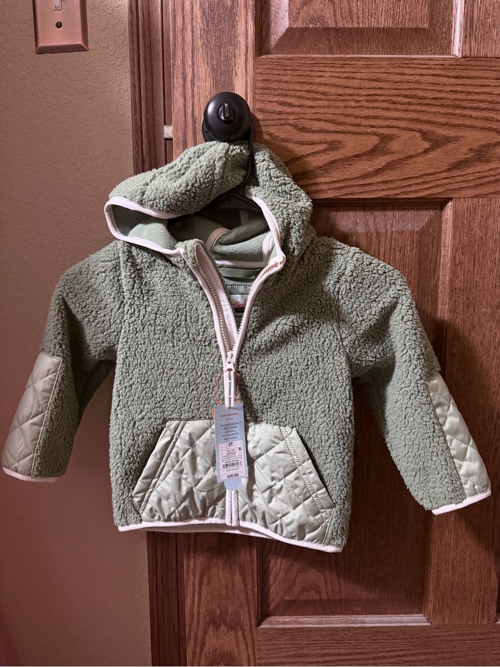 Cat & Jack Sage Green Sherpa Hoodie with Quilted Trim